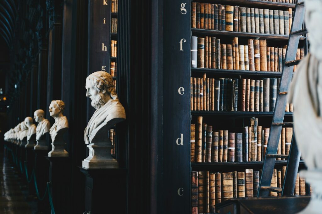 A grand law library of leather-bound legal volumes, representing the expertise and authority that helps law firms rank on Google